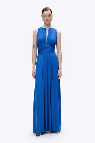 Nocturne فستان طويل بدون أكمام بحزام أزرق عادي N25YN2517-SAKS