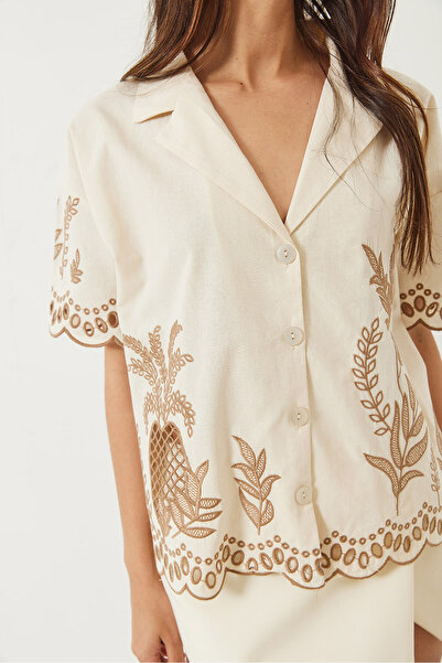 Bianco Lucci Cămașă de in brodat cu mânecă scurtă, cu rever, pentru femei 60283016