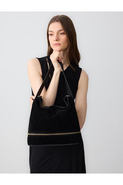 Jimmy Key Black Leather Shoulder Bag with Adjustable Strap and Zipper Detail