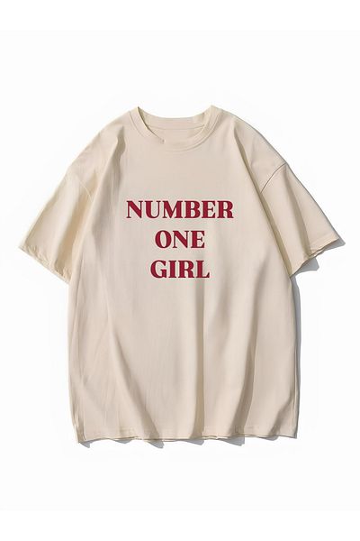 Minga London Tricou oversize bej cu imprimeu în față/spate pentru noua sezon pentru fetiță Rose Number One -Mingalondon