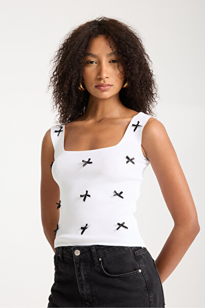 İLKCET MODA Κορδέλα Λεπτομέρεια Τετράγωνο Γιακά Γυναικεία Πλεκτά