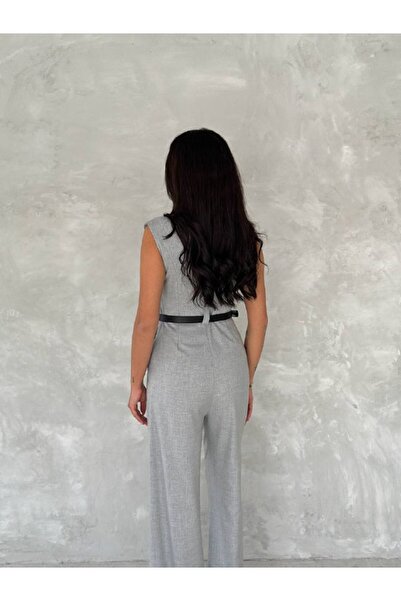 HARMONY GLOBAL Women's V-Neck Belted Waist Cinched Wide Leg Gray Linen Jumpsuit 90021