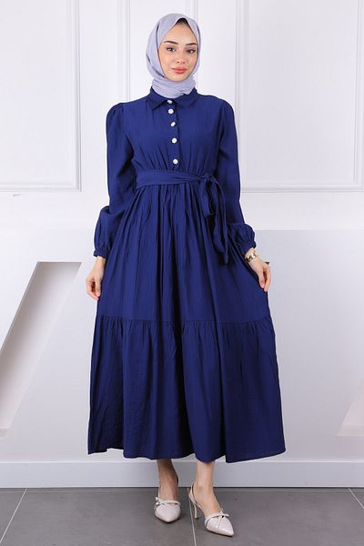 İmajButik Μοντάλ φόρεμα με ελαστική μέση σε μπλε ναυτικό