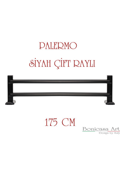 BonicasaArt Palermo Siyah Çift Raylı Ahşap Başlıklı Rustik Perde Askısı Çetra...
