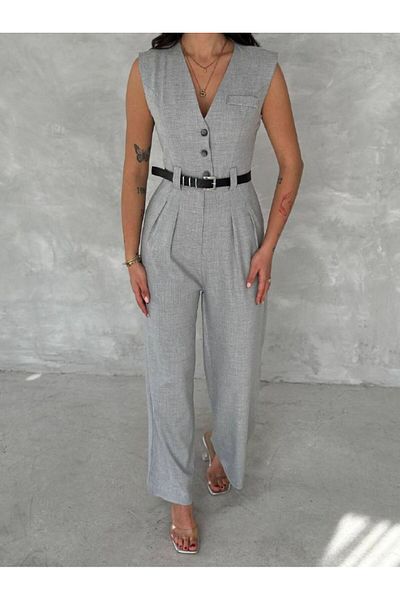 HARMONY GLOBAL Women's V-Neck Belted Waist Cinched Wide Leg Gray Linen Jumpsuit 90021