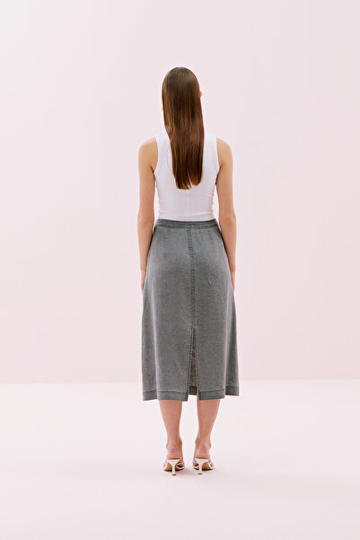 Roman Çift Cepli Ön-Arka Yırtmaçlı Keten Midi Boy Etek Antrasit Y2515034_046