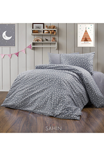 Şahinhome Gri Yıldızlı Genç Nevresim Takımı Çarşafı Lastikli Tek Kişilik Nevresim Takımı