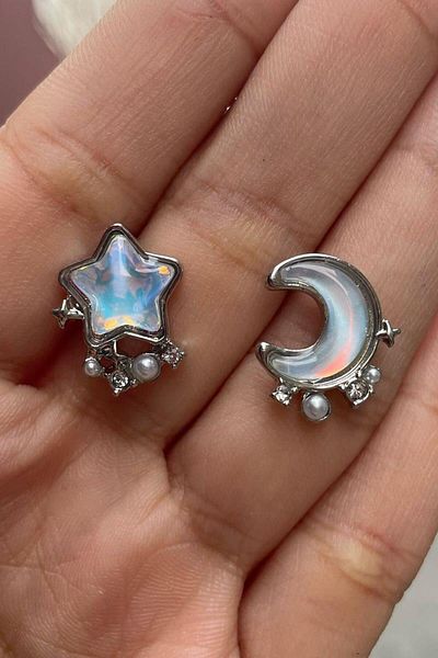 Köstebek Crystal Lolita Style Minimal Detailed Moon Star Earrings