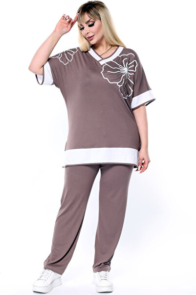 Kheos V-Neck Short Bat Sleeve Flower Stone Embroidered Slit Blouse Waist Lace-Up Elastic Pocket Pants Set