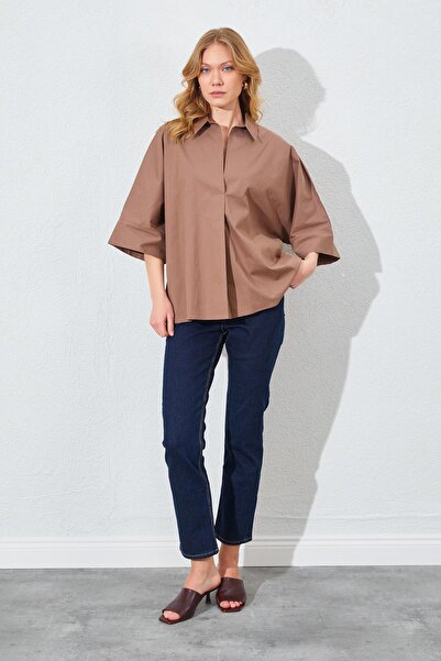 TENA Γυναικείο πουκάμισο σε καφέ χαμηλό μανίκι μπροστά με φαρδιά κοπή