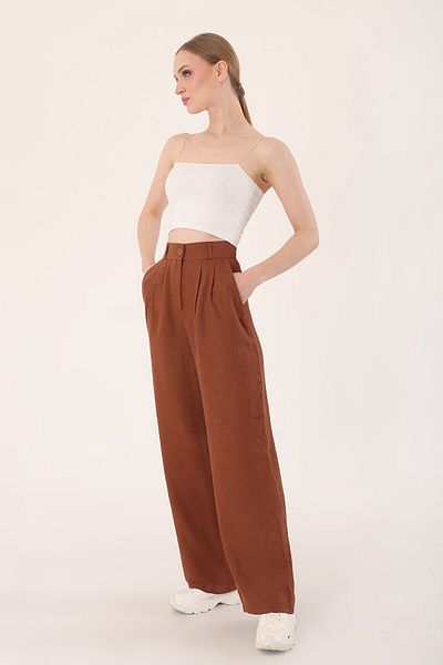 Hazel Women's Brown High Waist Linen Palazzo Pants