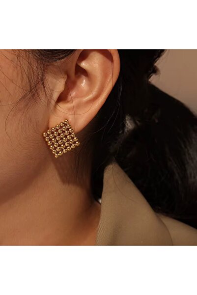 Siya Silver Kararmaz Çelik Altın Kaplama Gold Renk Topçuklu Çivi Küpe