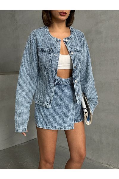 Miss Prova Mini pantaloni scurți din denim texturat albastru MISSSE8017