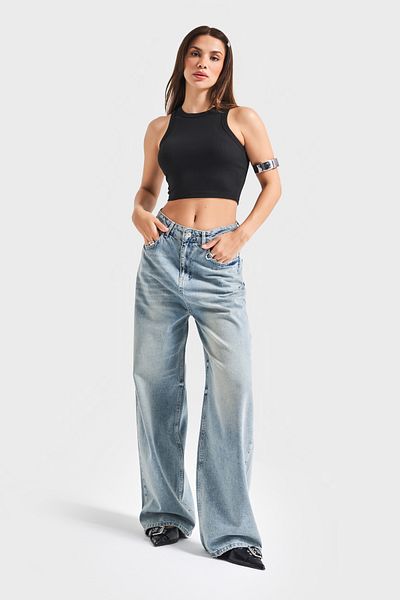 its basic Women's 4S5-75 Método Suuper Baggy Fit Denim Jean %100 Koton Inner Length 83cm Toilet Coach Color