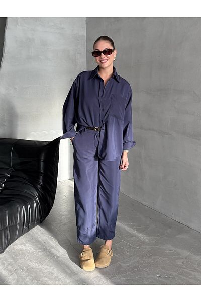 Laluvia Navy Blue Marlin Belted Shirt Trousers Suit - 8453