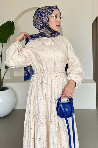 benguen Embroidery Hijab Dress Cream 1009-1