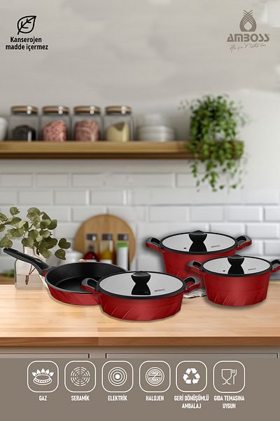 Amboss Vento 7 Piece Cast Titanium Coated Cookware Pan Set Red