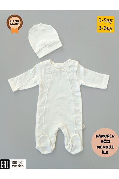 Tomuycuk Cotton Newborn Romper - White & Detailed Footed (0-3/3-6)
