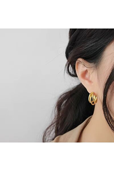 Siya Silver Kararmaz Çelik Altın Kaplama Gold Renk Üçlü Görünümlü Çivi Küpe