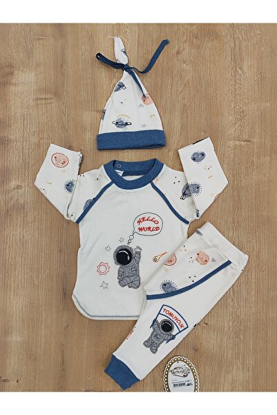 Tomuycuk Ecru Baby Boy Set 3-Piece - Cosmonaut Baby Set with Sweat & Hat - 100% Cotton