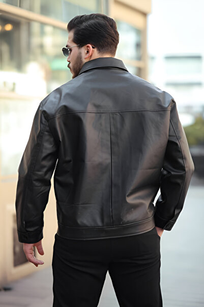 Oliggopol Ανδρικό δερμάτινο μπουφάν μαύρο μισό oversize Δερμάτινο μπουφάν με κουμπιά