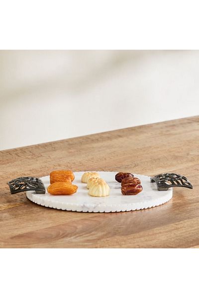 Home Box Willow Round Marble Tray with Handle - 39x31x3 cm