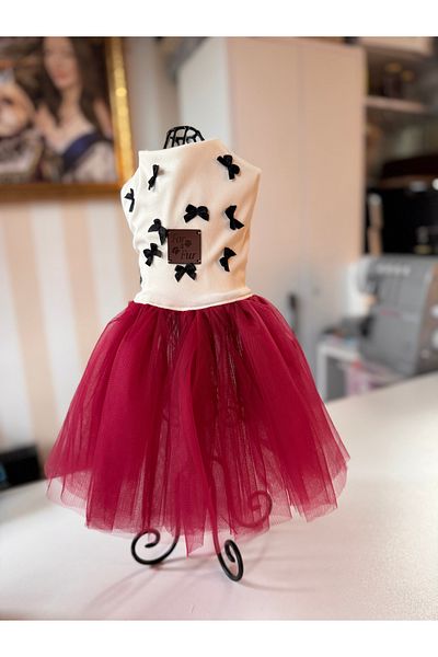 For a Fur Cat Dog Tutu Dress Fuchsia Color Black Bow Detailed