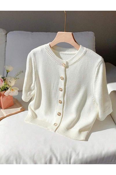 banessa Ecru Knitwear Knitted Button Detailed Women's Cardigan
