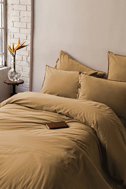 İssimo Home Savanna Brown Washed 100% Cotton Poplin Duvet Cover Set King Size