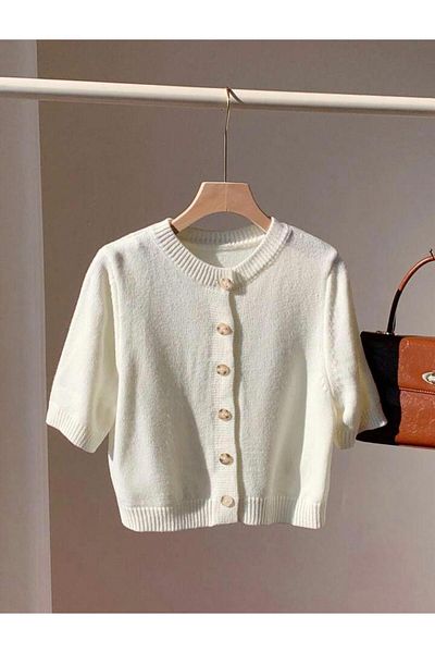 banessa Ecru Knitwear Knitted Button Detailed Women's Cardigan