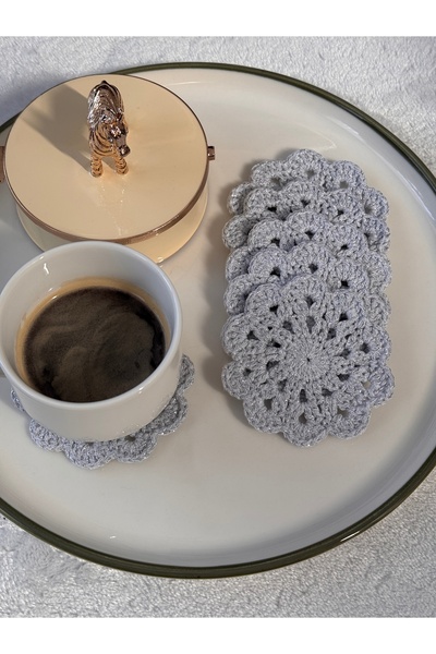 Miliva 6'lı Bardak Altlığı | Örgü Makrome Bardak Altlığı | Simli Yuvarlak El Yapımı Bardak Altlığı | 6 Adet