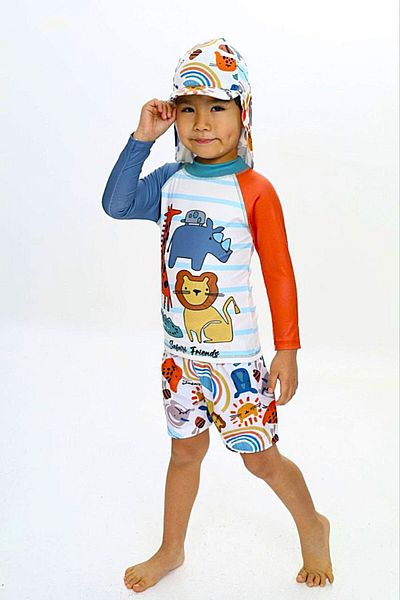 DeKuBaby New Season Character Patterned Sun Protection Hat and Swim Shorts Children's Swimsuit Set (Set of 3)