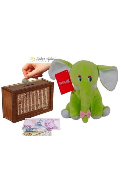 Şeker Adası Cute Elephant 20 cm Plush Toy and Wooden Target Piggy Bank Money Saving Box