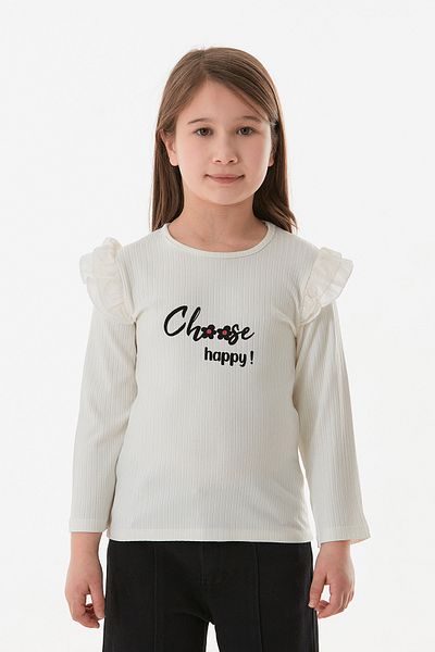 Fulla Moda Κοριτσίστικο κορμάκι με ριμπ επιλογή Happy printed μανίκια και βολάν