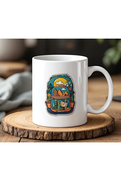 BB TRADE White Ceramic Printed Mug with Camping Bag Design 330ml
