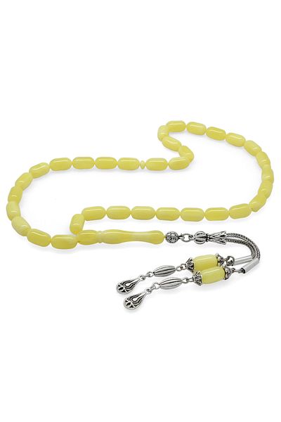 Tesbihane Water Drop Design 2-Piece Silver Color Non-Tarnish Metal Tasseled Capsule Cut Beirut Amber Prayer Beads
