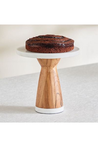 Home Box Nordic Marble Cake Pillar Stand with Wooden Base - 21x21x21 cm