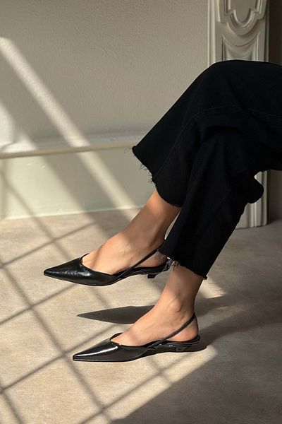 NİŞANTAŞI SHOES Arty Schwarz Gemustert Matt Gummi Detail Spitze Zehe Kurzer Absatz Damen Babet