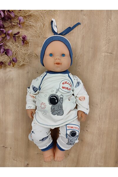 Tomuycuk Ecru Baby Boy Set 3-Piece - Cosmonaut Baby Set with Sweat & Hat - 100% Cotton