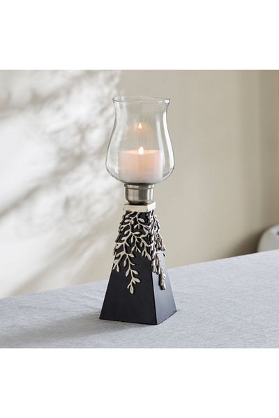 Home Box Nordic Cone Glass Hurricane Candleholder with Aluminium Motif and Wooden Base - 12x12x40 cm