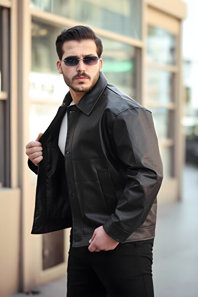 Oliggopol Ανδρικό δερμάτινο μπουφάν μαύρο μισό oversize Δερμάτινο μπουφάν με κουμπιά