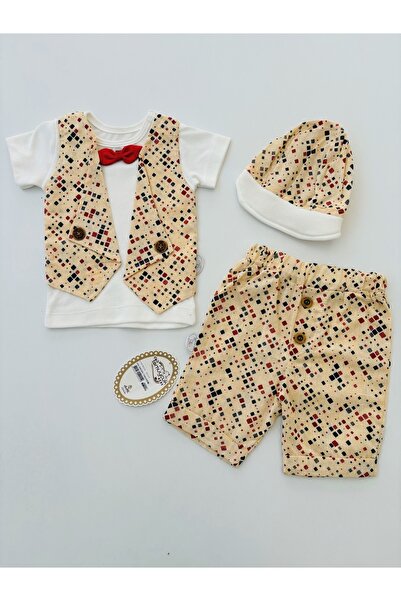 Tomuycuk Beige Baby Boy Set - Tuxedo Baby Set with Bow Tie - Set of 3