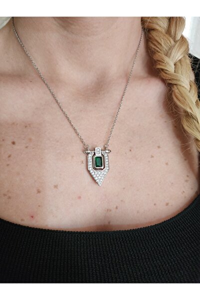 ALLEGRİA قلادة فضية اللون من الحجر الأخضر الفولاذي، قلادة من الفولاذ، قلادة م...