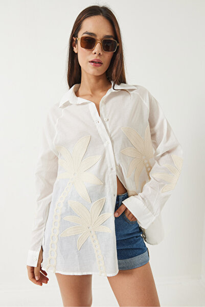 Bianco Lucci Kadın Palmiye İşlemeli Uzun Kollu Keten Gömlek 60283017
