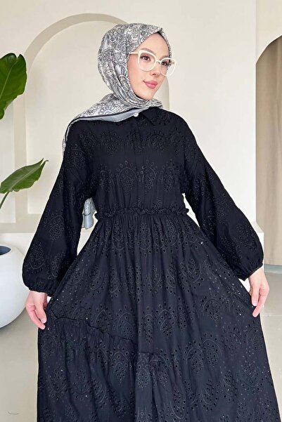 benguen Black Brode Hijab Dress 1009-1 Model