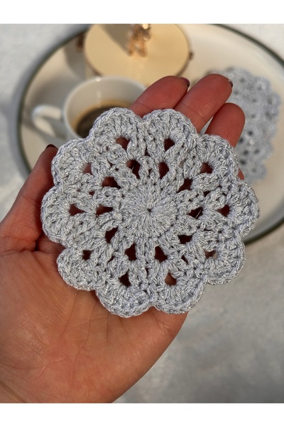 Miliva 6'lı Bardak Altlığı | Örgü Makrome Bardak Altlığı | Simli Yuvarlak El Yapımı Bardak Altlığı | 6 Adet