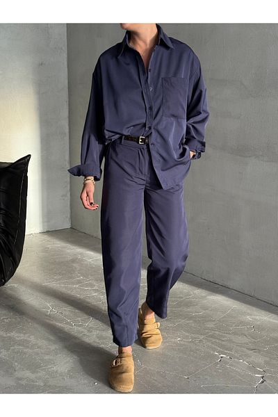 Laluvia Navy Blue Marlin Belted Shirt Trousers Suit - 8453