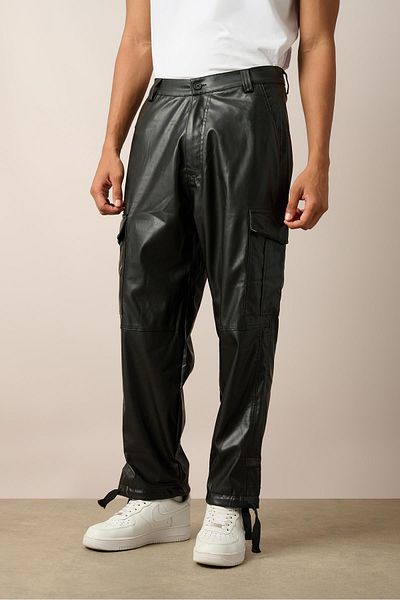 Rocqerx R-4341 Double Cargo Pocket Leather Trousers with Leg Slits