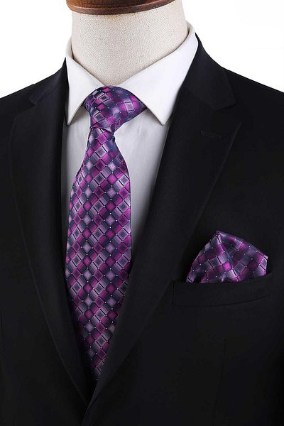 Kravatkolik Fuchsia Square Pattern Classic Tie with Handkerchief Kk13167