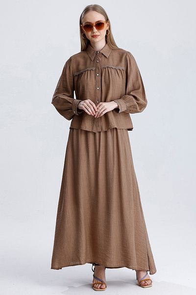 MD trend Women's Lace Detailed Pocket Bell Skirt and Crop Shirt Double Summer Linen Set